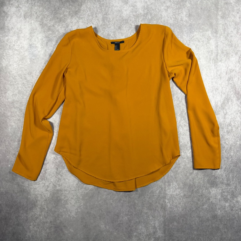 Forever 21 Blouse Womens M Mustard Yellow Lace Up Back Long Sleeve Date Night